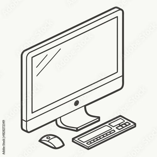 Isometric line art illustration of a modern all in one desktop computer with a sleek keyboard and a computer mouse on a plain background