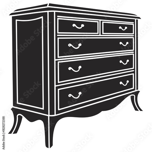 Elegant black silhouette of a vintage dresser with multiple drawers and ornate curved legs perfect for interior design and classic furniture concepts