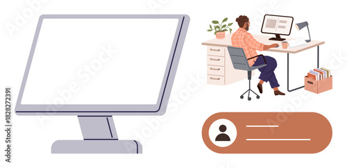 Desk setup with employee working on computer, cup, lamp, filing cabinet, profile placeholder. Ideal for productivity, remote work, digital identity, organization office culture technology simple