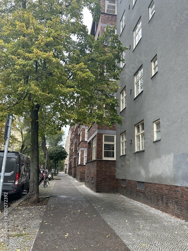 Berlin Germany October 2025 Quiet residential sidewalk with trees and parked cars on an overcast day