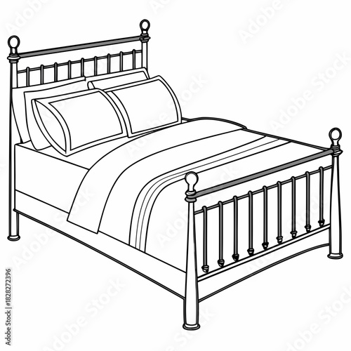 A classic black and white line drawing illustration of a fully made bed with pillows and a duvet featuring a decorative metal frame and headboard perfect for interior design concepts