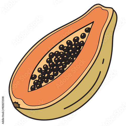 A vibrant stylized illustration of a ripe papaya fruit sliced in half revealing its bright orange flesh and numerous small black seeds