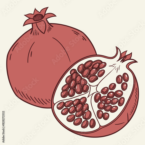 A vibrant hand drawn illustration of a whole ripe pomegranate fruit positioned next to a halved pomegranate revealing its juicy arils and seeds against a neutral background