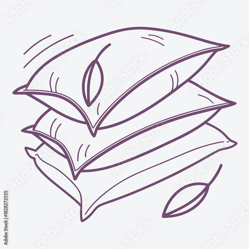 A simple hand drawn line art illustration of three plush pillows stacked neatly on top of each other with a soft serene feel