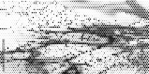 Hexagon halftone gradient texture. Abstract black grunge background. Geometric retro halftone tech overlay. Fading wavy hexagonal pattern backdrop. Vector vanishing honeycomb grunge bitmap wallpaper