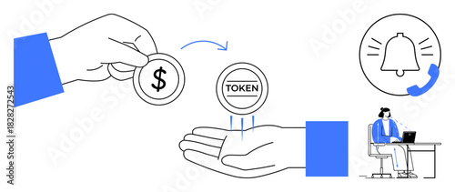 Cryptocurrency concept. Cryptocurrency is illustrated with token exchange, notifications, and a user interacting with technology. Cryptocurrency use cases include fintech, trading, blockchain