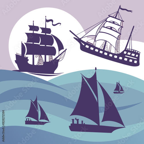 A fleet of vintage sailing ships and schooners navigate the wavy ocean under a pale sky with a large circular shape representing the sun or moon
