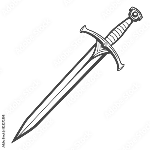 A detailed line art illustration of a medieval knight s sword with a pointed blade and ornate crossguard presented in a clean isolated graphic