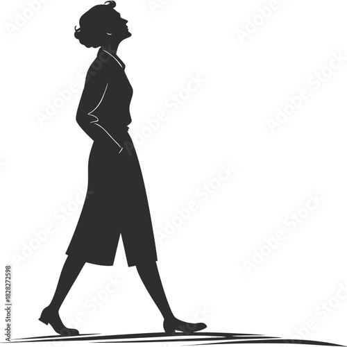 Elegant silhouette of a woman in a stylish outfit walking with her head held high and looking upwards with a sense of confidence and aspiration