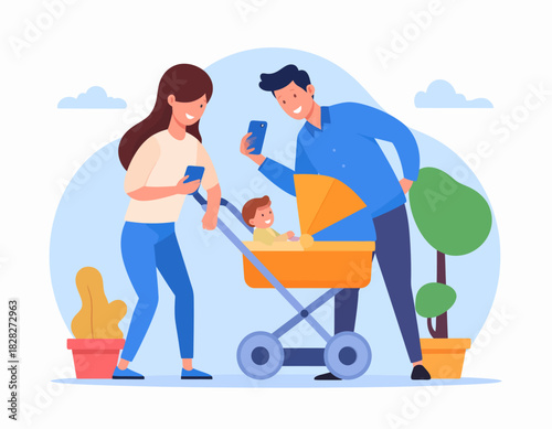 Happy modern family parents with baby in stroller using smartphones, flat vector illustration