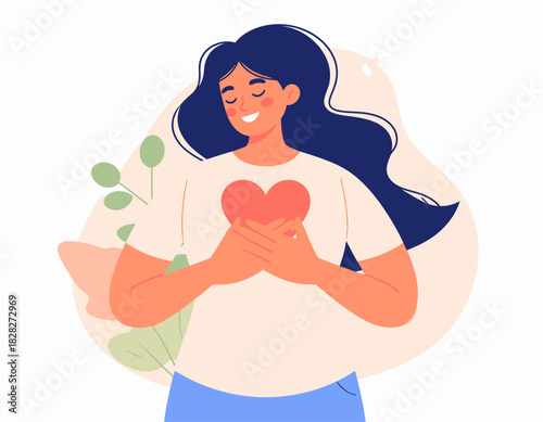 Smiling Woman Holding Heart on Chest, Symbolizing Self-Love, Gratitude, and Compassion