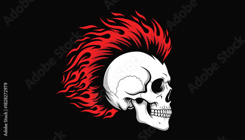 Vector Illustration of Skull with Red Flame Hair in Profile View