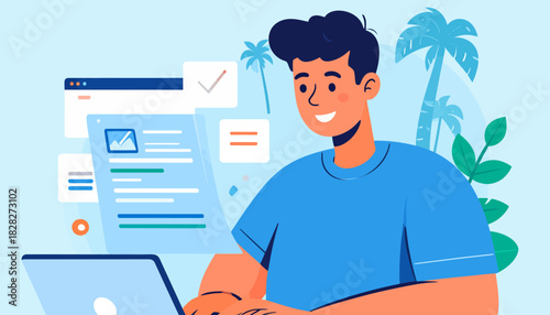 Smiling Young Man Working on Laptop with Digital Tasks and Tropical Elements, Remote Work Concept