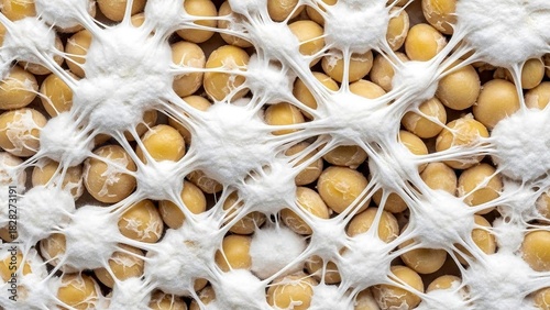 Extreme Macro of Fresh Tempeh Showing White Rhizopus Mold Filaments Binding Soybeans