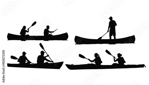 Canoeing silhouettes illustrated in vector showing solo tandem and standing paddling styles 