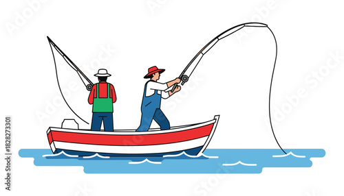 Catching fish in vector with visible tension in rod and splash near the boat
