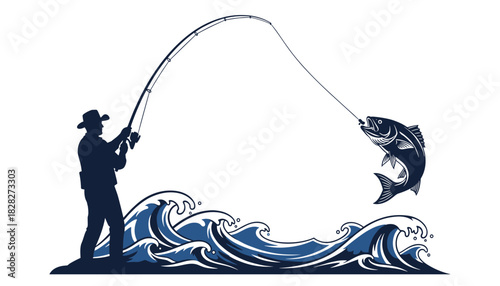 Fishing excitement captured in vector with leaping fish and flowing waves in dynamic motion 