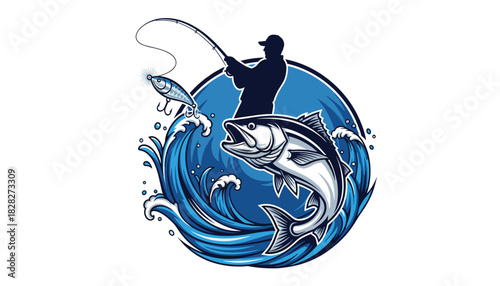 Vector illustration of a fisherman reeling in a catch with stylized waves and bold lines