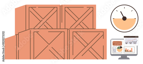 Stacked wooden crates, a gauge meter, and a computer screen with charts represent inventory, logistics, supply chain, analysis, productivity, performance metrics, and data management in a simple flat