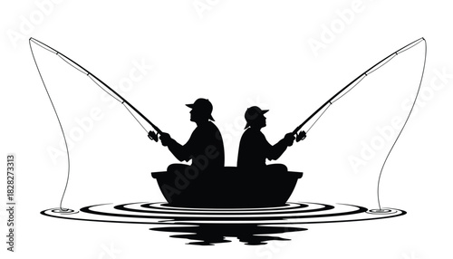Two people fishing in calm water illustrated in vector showing balance and peaceful outdoor activity