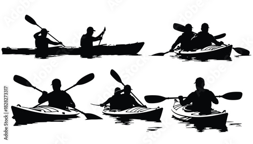 Kayaking silhouettes captured in vector showing motion balance and teamwork on water 