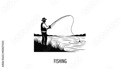 Vector illustration of a person fishing by the lake with hat rod and peaceful nature 