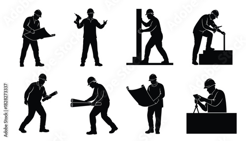 Vector silhouettes of builders in motion—capturing the essence of construction work in black form