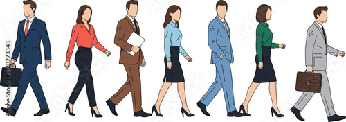 Business professionals walking illustration, formal attire, workplace diversity, office fashion, vector artwork, white background