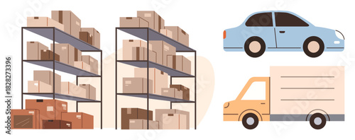 Stacked warehouse shelves filled with packages, a delivery truck, and a car emphasize inventory management, shipping, transportation, and logistics. Ideal for supply chain, e-commerce, retail cargo