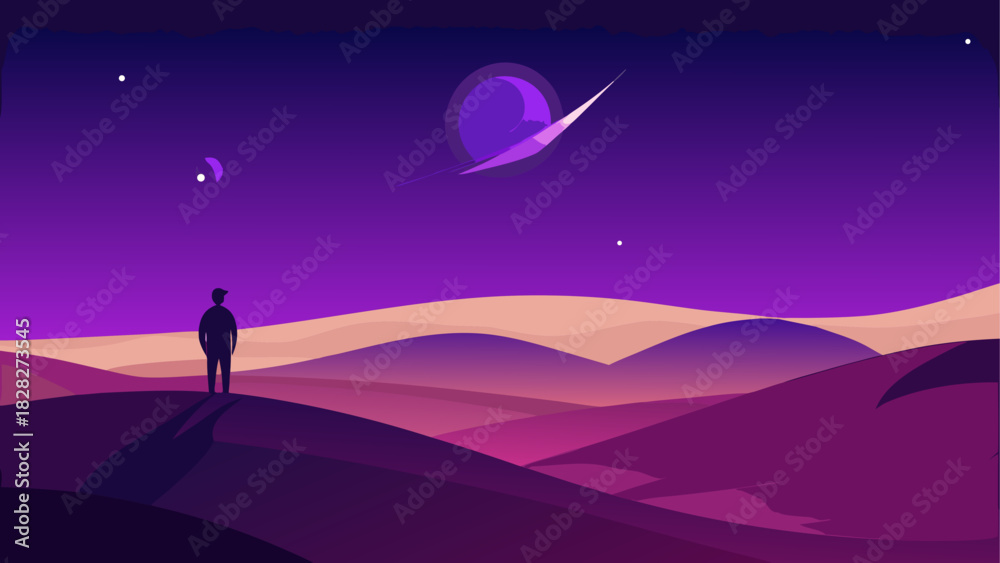 Fototapeta premium Silhouette person on dunes under celestial bodies