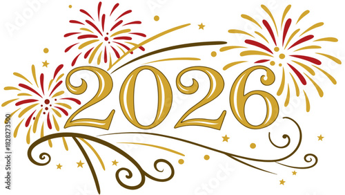 Golden year two thousand twenty six with fireworks and decorative swirls on a white background