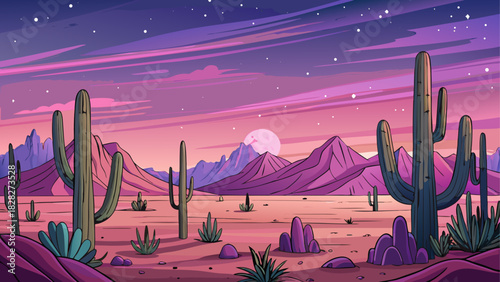 Cartoon desert landscape with cacti and mountains