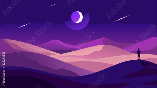 Silhouette gazing at moonlit desert landscape