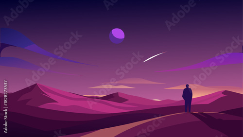 Person standing on dune under moonlit sky view