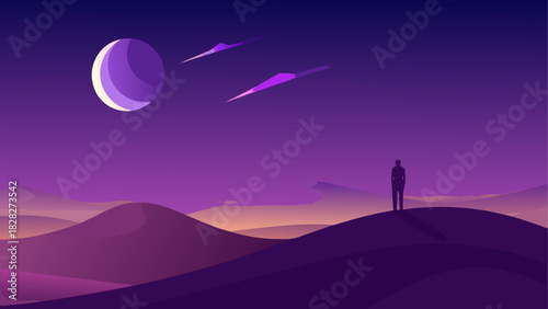 Silhouette standing on dune under moonlit sky