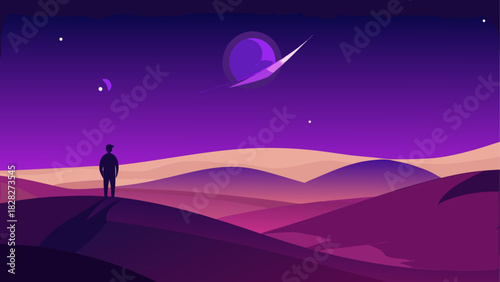 Silhouette person on dunes under celestial bodies