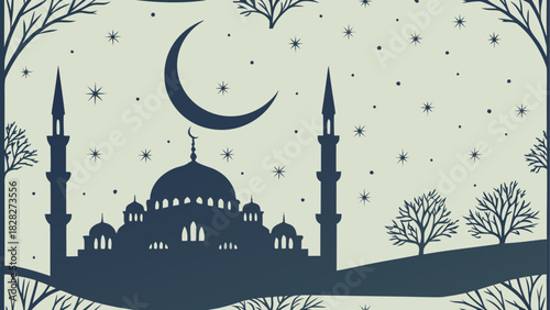 Silhouette of mosque with moon and starry sky art