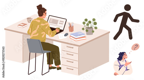 Woman seated at desk using laptop surrounded by books, plant, and stationery. Includes small figure pondering a question and walking abstract figure. Ideal for productivity, decision-making