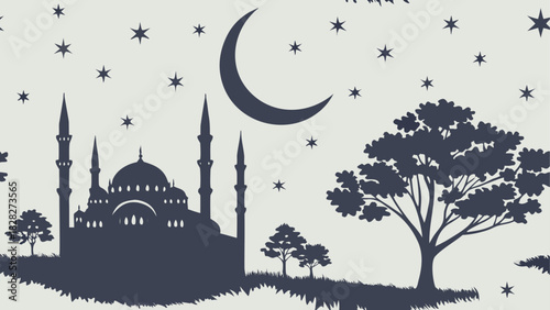 Silhouette of mosque with moon and stars at night