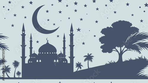 Silhouette of mosque with moon and stars at night
