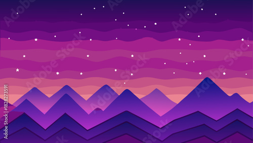 Purple mountains under a starry night sky view