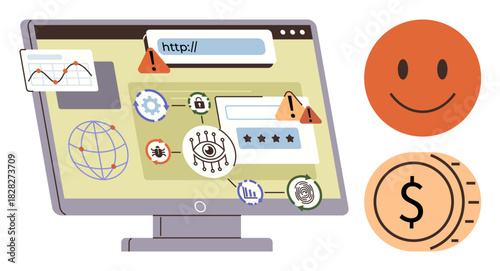 Computer screen displays cyber threat indicators, system alerts, and login prompts. Features happy face and coin icons. Ideal for cybersecurity, privacy, protection, system monitoring, data safety