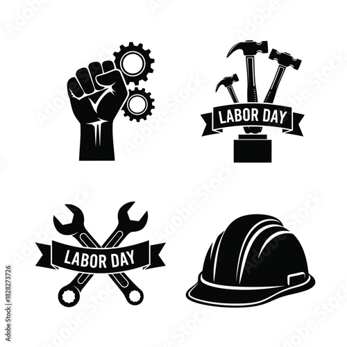 Labor day vector icons set, industrial work, tools and safety