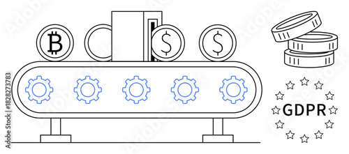 Conveyor belt with Bitcoin, dollar coins, and gears suggesting automation. GDPR symbol and coin stacks highlight themes of fintech, compliance, and digital currency processing. Ideal for finance