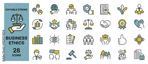 Business Ethics Icon Set – Compliance, Meeting, Justice and Compliance. Editable Stroke, Colored Vector Illustration