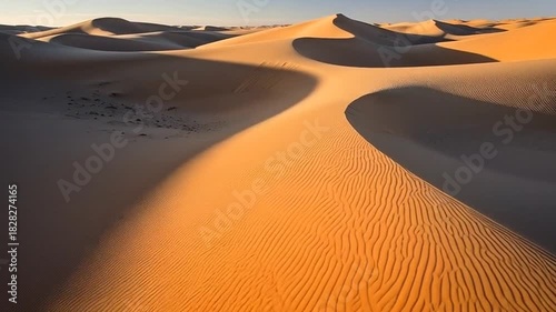 Golden Hour Desert Dunes: Serene Sandscape, Shadows, and Textures