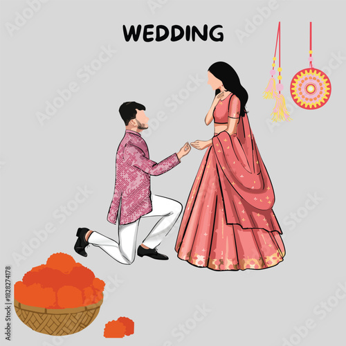 
India wedding illustration portraying a festively decorated couple under hanging tassels celebrating union. Suitable for wedding invitations, cards, or cultural event promotions.