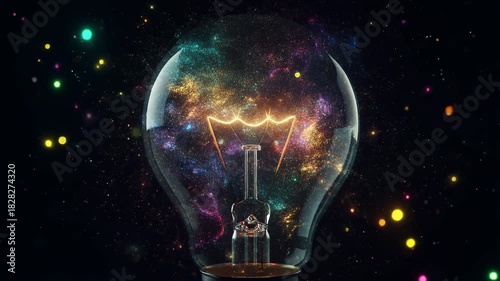 A lightbulb filled with a colorful galaxy and nebula surrounded by bokeh lights on a black background, symbolizing creativity and inspiration.