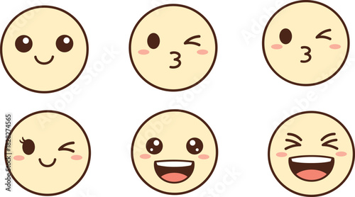 Cartoon emoji face illustration set, cute expressions, winking, smiling, laughing, beige tone, vector artwork, digital emotion icons