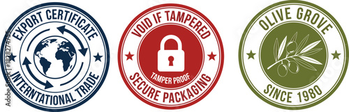Circular label illustration set, export certificate, tamper-proof seal, olive grove stamp, product packaging icons, vector artwork